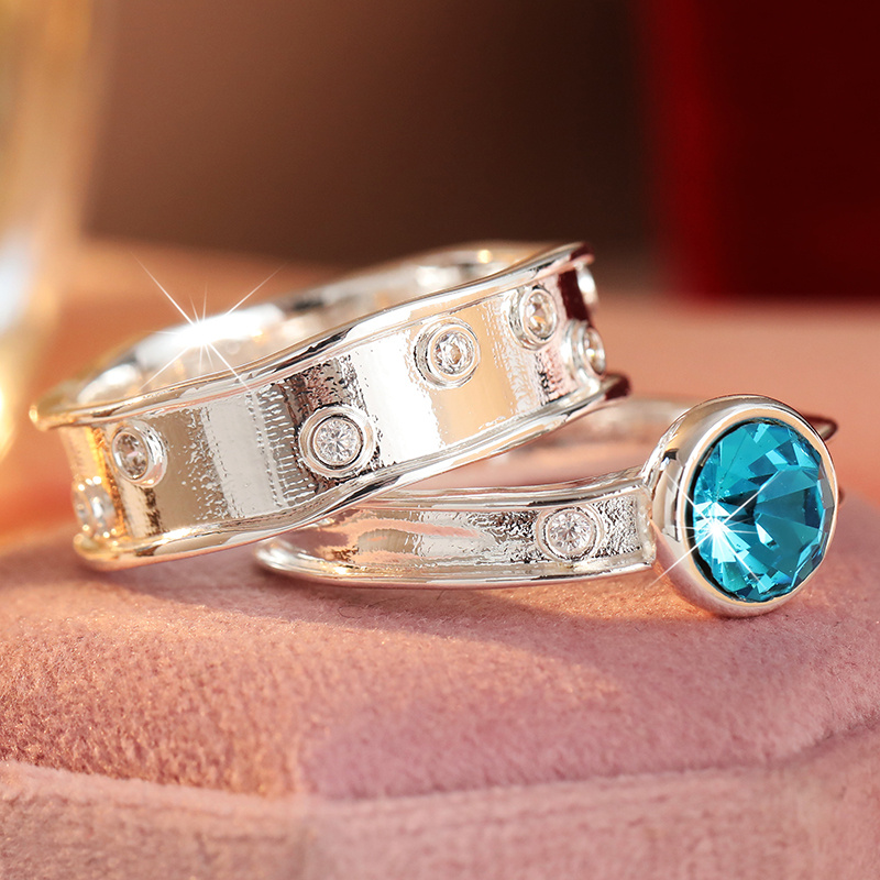 2pcs Vintage Stackable Ring Set with Blue Synthetic Zirconia